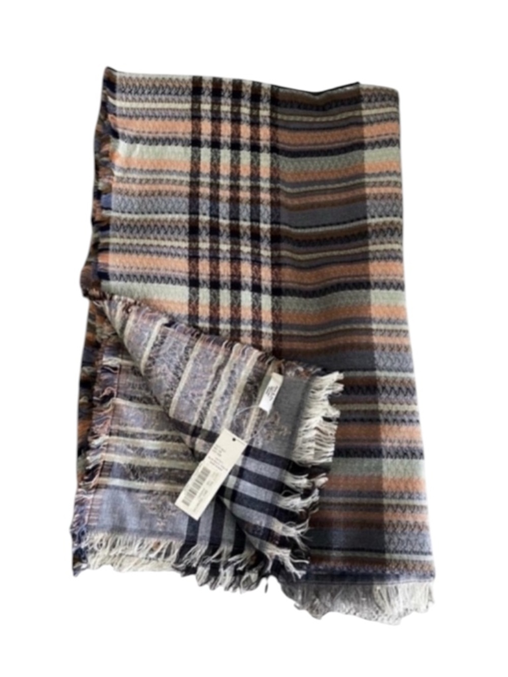 NEW Anna & Ava Plaid Scarf Oblong Cotton Blend Wrap Navy Blue Gray Orange